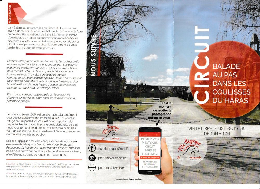 Le dépliant qui peut accompagner le visiteur. Le GONm y est cité ainsi qu'EquuRES la labellisation pour les établissements accueillant des chevaux.