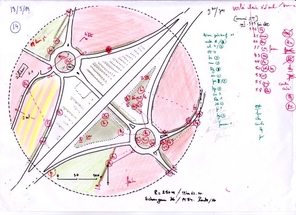 plan du relevé du 8 mai 2019 à Ponts sur un quadrat de 20 ha autour de l'échangeur 36 de l'A84.