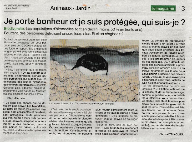 Ouest-France, 19 mai 2019; dernière page.