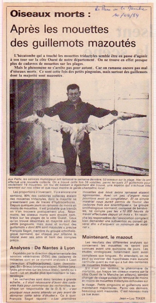 La Presse de la Manche, édition du 10 février 1984. Si les analyses des cadavres se poursuivent, le phénomène nouveau concerne l'apparition d'oiseaux mazoutés en grand nombre. C'est typiquement la &quot;mode&quot; de l'époque : les pétroliers profitent des épisodes de tempêtes pour vidanger leur cuves - le dégazage - , comptant sur la &quot;dilution&quot; de la pollution pour échapper aux contrôles.