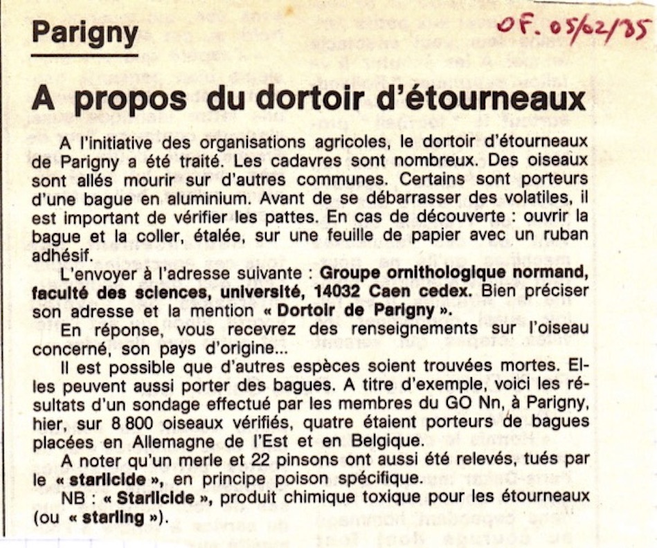 Ouest-France , 5 février 1985; appel à récupération de bagues et bilan de la recherche sur le dortoir traité.