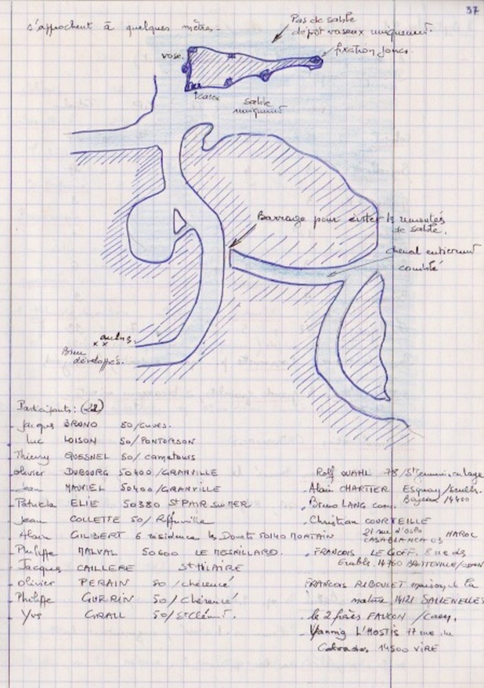 Plan des travaux<br />Commentaires annexes notés : &quot;Le balbuzard pêche à une centaine de mètres de nous. &quot;La&quot; marouette ponctuée picore en bordure des joncs à une dizaine de mètres du groupe. Les gravelots s'approchent à quelques mètres&quot;.