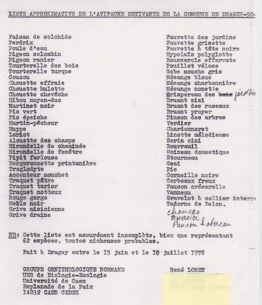 Liste des espèces nicheuses de la commune de Dragey en 1978. Copie du courrier adressé au maire de la commune; annexe au courrier du 2 novembre 1978. Archives JCo.