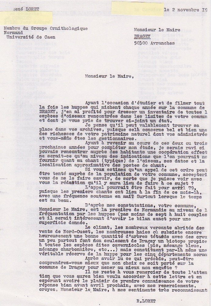 Courrier adressé par René Loret au maire de Dragey  mettant en valeur la riche population nicheuse de huppes sur la commune. 2 novembre 1978.Archives JCo.