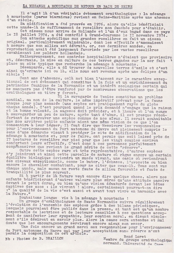 Texte rédigé par René Loret à l'intention de la presse locale (fin juillet 1987); copie à JCo.