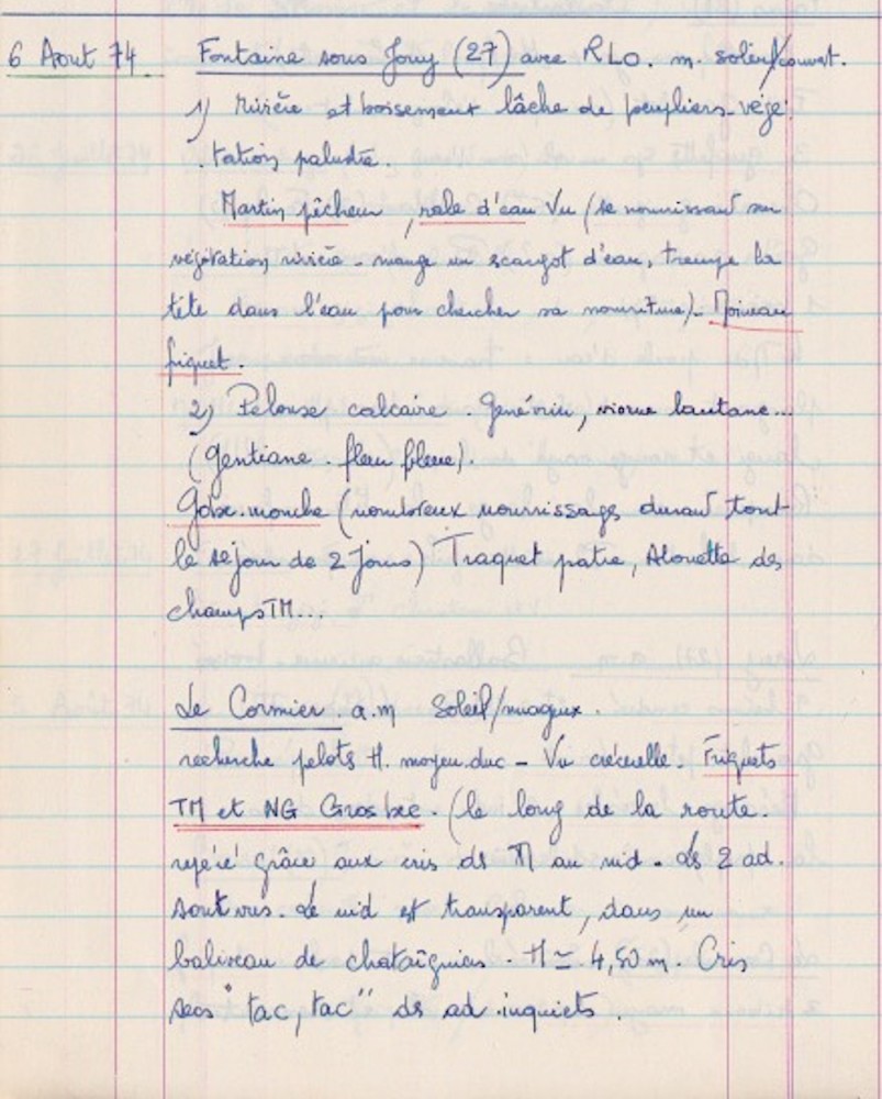 Quelques notes retenues de cette journée, dont la présence du moineau friquet et le gros-bec nicheur au Cormier (Archives JCo, cahier 1 p. 146)