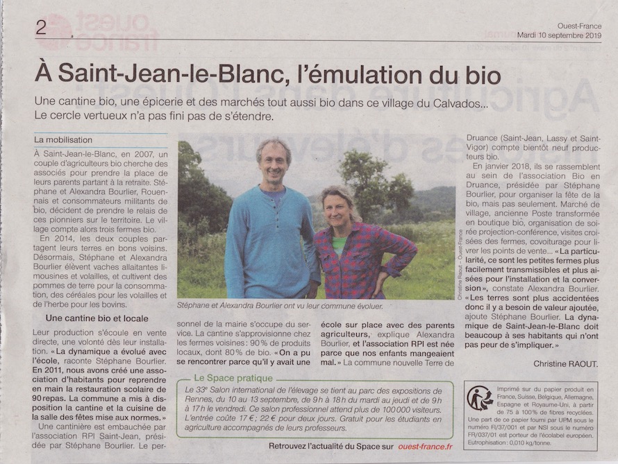 Ouest-France, cahier n°2 du mardi 19 septembre 2019<br />Plusieurs autres témoignages rapportés ici sont encourageants, illustrant  des pistes à venir pour une agriculture que les naturalistes appellent de leurs voeux...