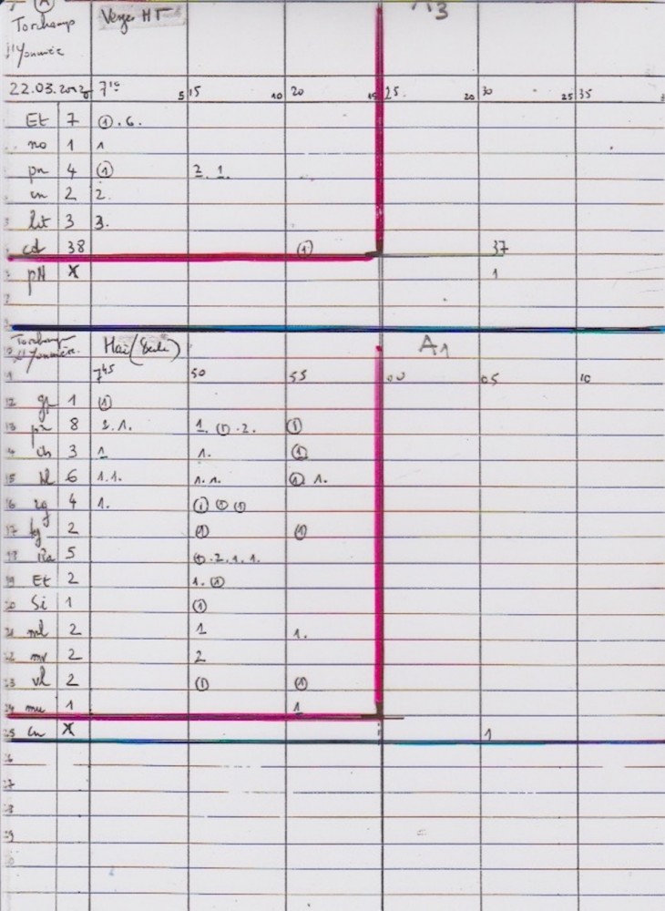 feuille de terrain du 22 mars 2002 pour deux des 4 sites échantillonnés. Au cours du premier quart d'heure (ici individualisé en rouge), les individus sont comptés. Au cours de ce relevé de 30 min dans le verger HT seul, la mésange nonnette, la grive litorne, le pinson du Nord sont présents ainsi qu'un groupe de 38 chardonnerets, ces derniers étant probablement à mettre en rapport avec la flore de la prairie naturelle (cirses).