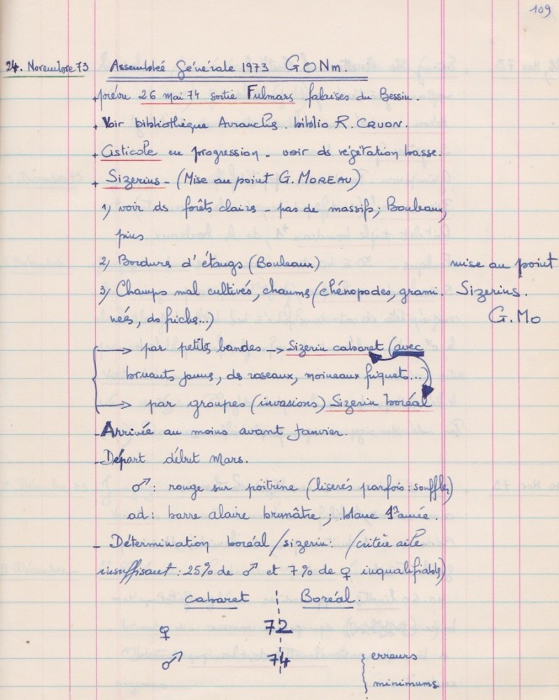 Bref CR de l'AG du 11 novembre 1973. La cisticole progresse!...<br />(JCo / archives personnelles, cahier 1 page 109)