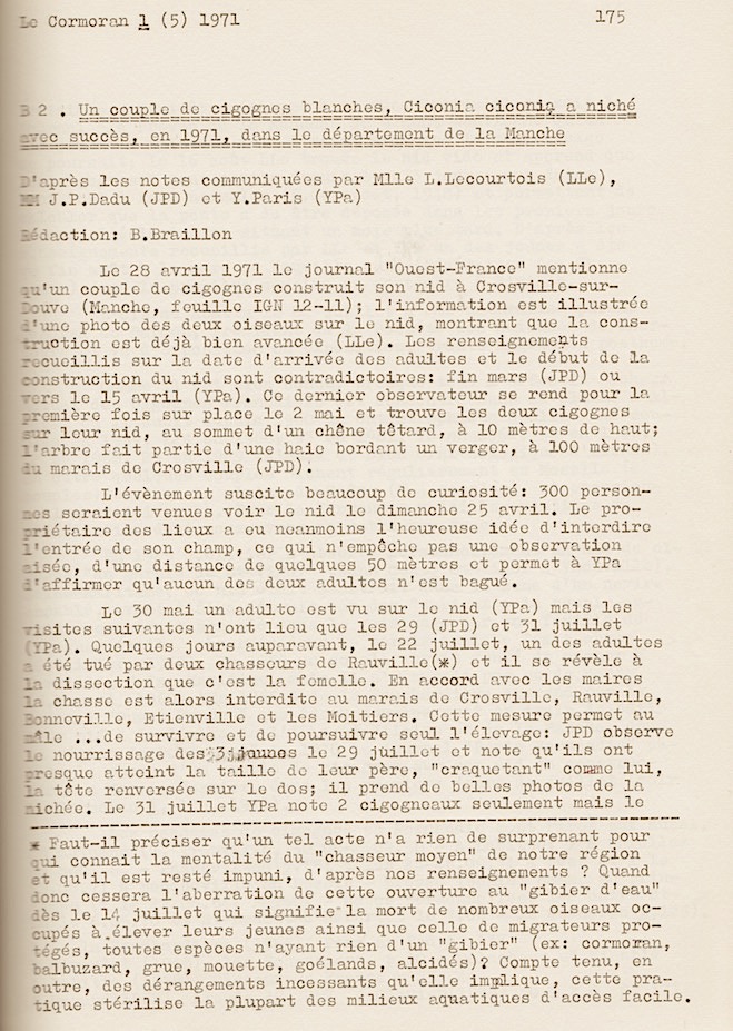 Braillon B. (1971) - Un couple de cigognes blanches Ciconia ciconia a niché avec succès, en 1971, dans le département de la Manche. Le Cormoran, 1 (5) : 175-176.