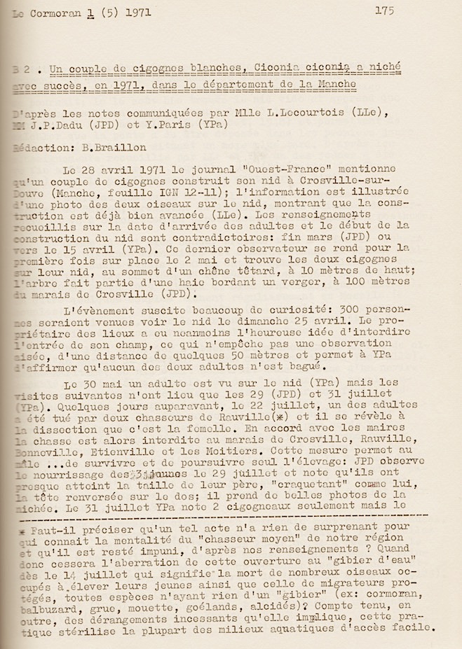 Braillon B. (1971) - Un couple de cigognes blanches Ciconia ciconia a niché avec succès, en 1971, dans le département de la Manche. Le Cormoran, 1 (5) : 175-176.