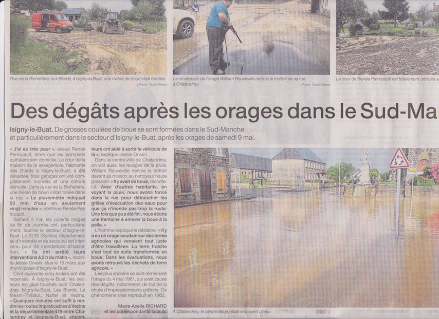 copie partielle de la page rapportant les écoulements de boue après les fortes pluies en période de semis de maïs dans le bocage du Sud-Manche (au pays des &quot;collines verdoyantes&quot;...)