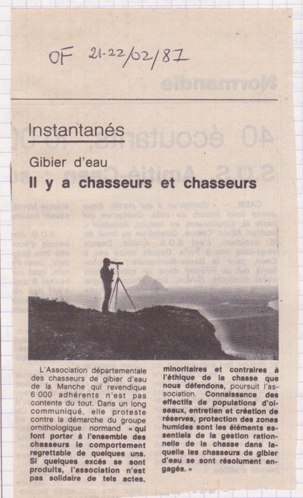 Ouest-France, 21-22 février 1987<br />Résumé du &quot;long communiqué&quot; de l'Association départementale des chasseurs de gibier d'eau de la Manche.<br />Archives J Collette, cahier 8 page 24