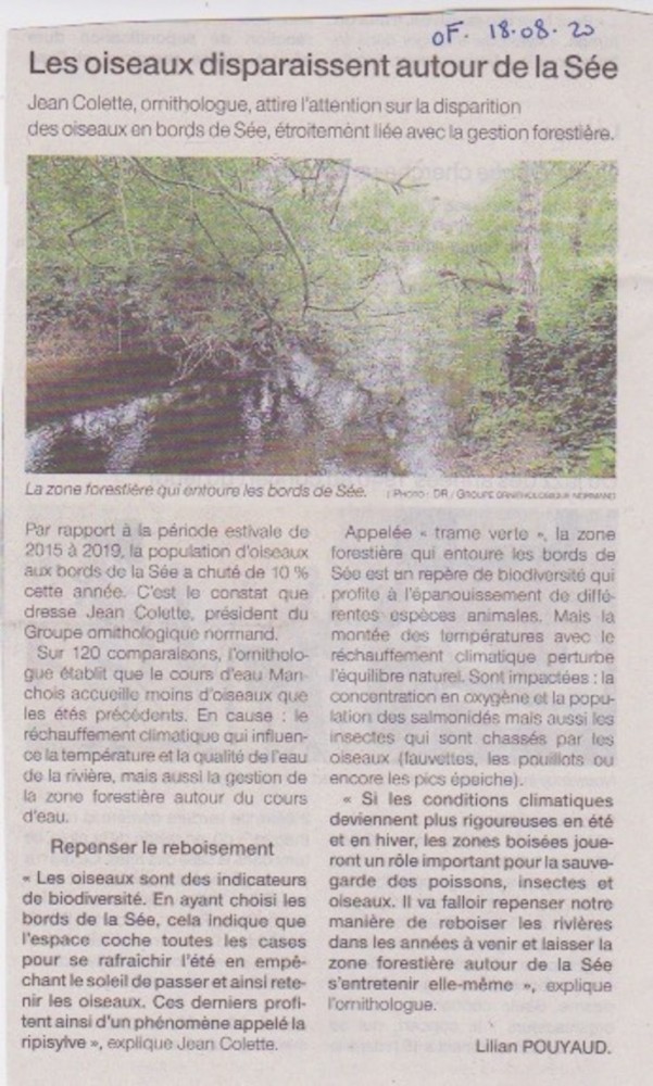 20200820 -TIREPIED - Sée - canicule - réserve -OF.jpeg (247.08 Kio) Vu 5935 fois Ouest-France, édition du 20 août 2020<br />La photo fournie au journaliste est prise sur la Sée au droit de la réserve de Tirepied sur un tronçon de rive protégé du programme de restauration de la Sée en cours depuis 2 ans. La photo est plus informative que celle de la Manche libre... mais je suis définitivement "président du GONm"! Sorry Gérard...