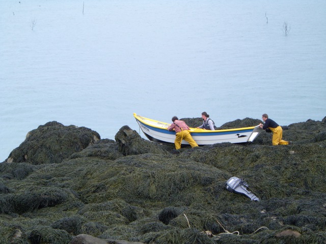 Gérard, Fabrice et Guillaume descendent en mai 2008 le doris échoué en haut des rochers aux Huguenans