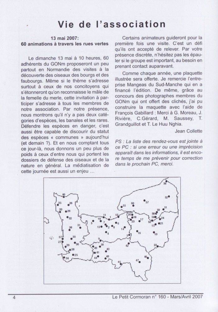 Annonce et carte des RV proposés (le PC n°160 page4 et feuille libre insérée