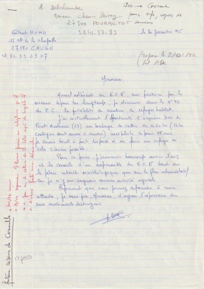 A.jpeg (641.03 Kio) Vu 10757 fois Courrier M. Homo 30 décembre 1994 adressé à J. Collette, responsable du réseau des refuges du GONm