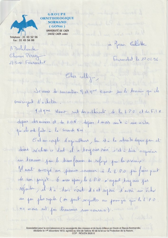 Courrier Alain Delalande du 22 janvier 1996 adressé à J. Collette