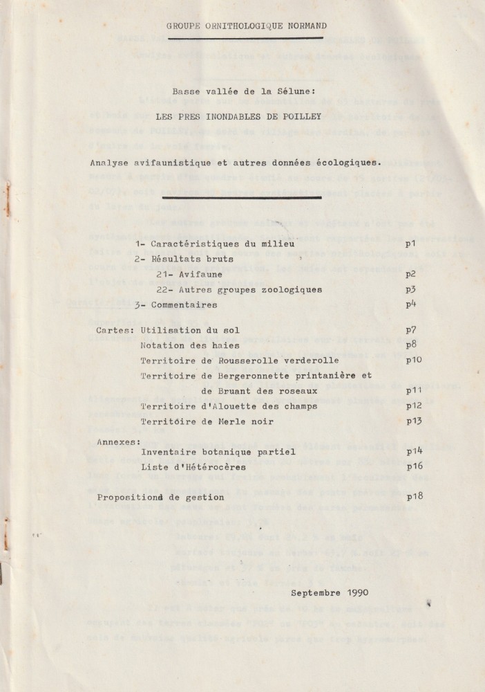 Étude commandée par la DIREN<br />COLLETTE J. (1990)-Les prés inondables de Poilley. Analyse avifaunistique et autres données écologiques. GONm-DIREN-19 p.