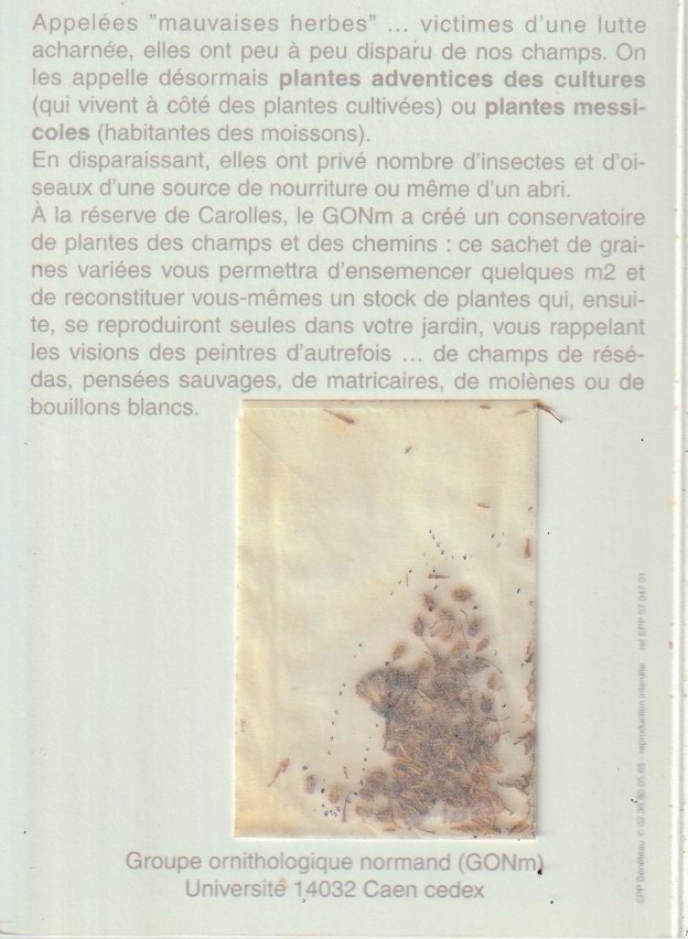 carte postale, pli int et sachet de graines