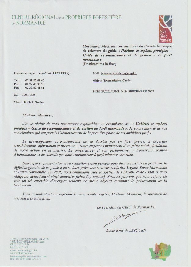 Courrier d'accompagnement du document offert aux membres du comité de lecture