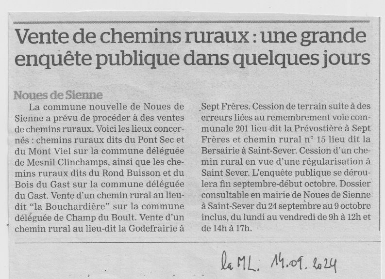 La Manche libre 14 septembre 2024. <br />La commune Noues-de-Sienne regroupe dix communes rurales autour de Saint-Sever-Bocage/50 depuis 2017.