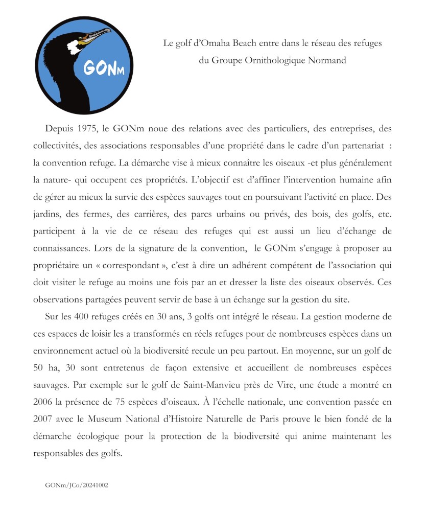 Le golf d’Omaha Beach entre dans le réseau des refuges.jpg (586.12 Kio) Vu 23234 fois Texte de généralités rédigé à l'attention de la presse