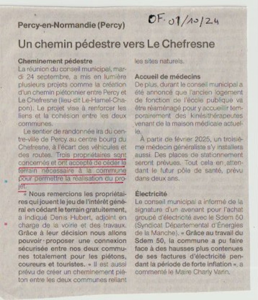 Ouest-France, 1er octobre 2024. &quot;...le jeu de l'intérêt général en cédant le terrain gratuitement...&quot;, démarche inverse de la vente des chemins ruraux pour des intérêts particuliers.