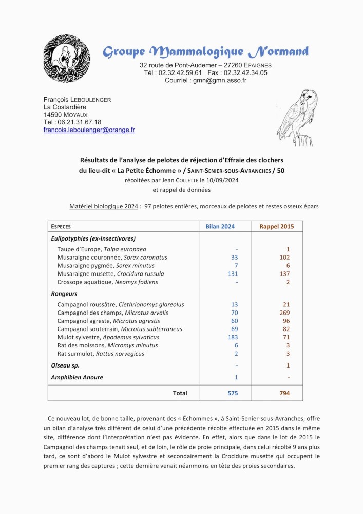 Saint-Senier-sous-Avranches_ 10- 2024.jpg (419.4 Kio) Vu 16125 fois Bilan de l'analyse du lot de pelotes de 2025 et comparaison avec 2015. Page 1.