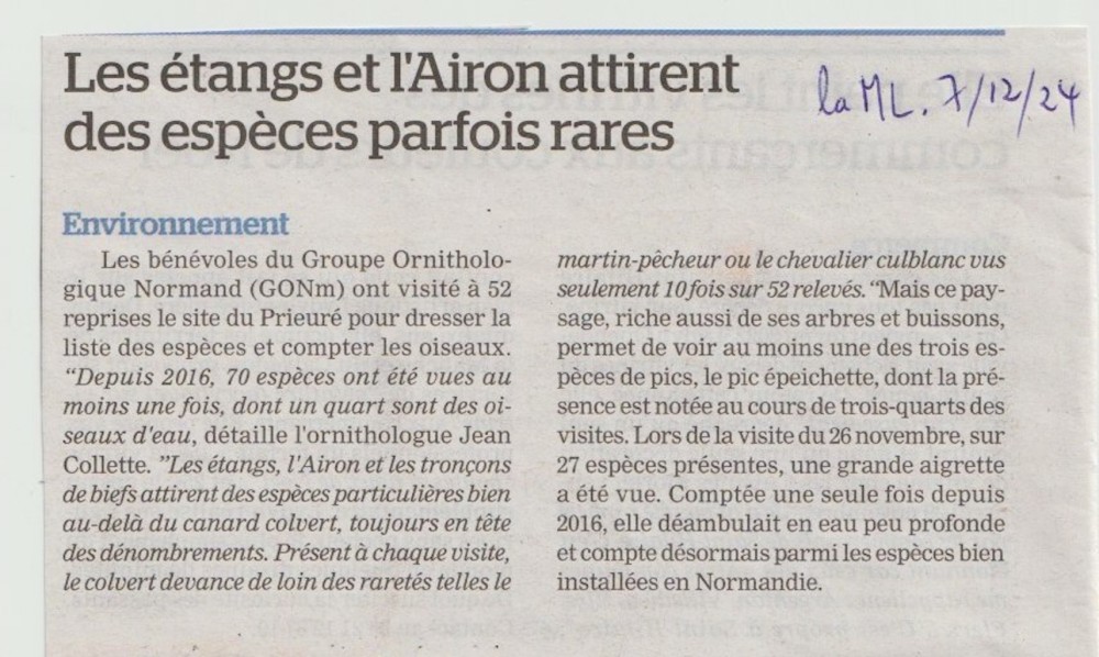 20241207-SAINT-HILAIRE-du-Harcouët-étangs.la ML. jpeg - copie.jpg (303.78 Kio) Vu 11591 fois La Manche libre, éd du 7 décembre 2024.<br />L'essentiel est repris sans contre sens bien que la formulation soit ambigüe concernant le pic épeichette : c'est une des 3 espèces de pics qui est au moins présente 3 fois sur 4 relevés. Le premier objectif est de garder le contact local, en particulier avec la mairie.