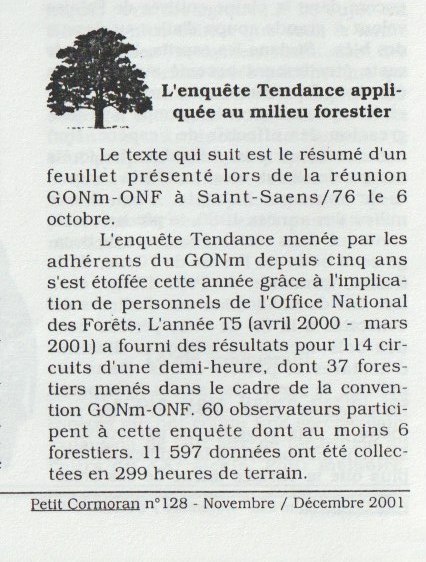 Le Petit Cormoran, n°128, novembre-décembre 2001. p 16.<br />(Orthographe à corriger... Tendances