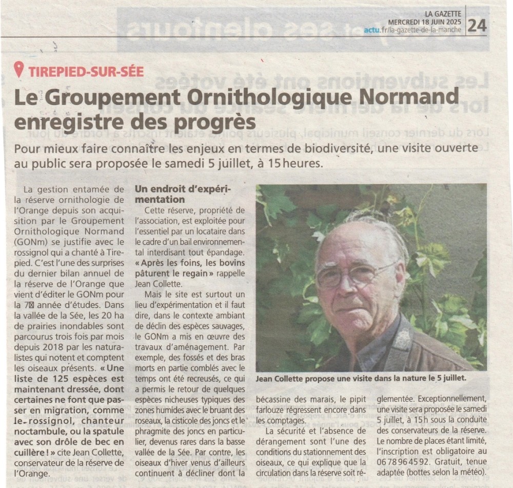 Ouest-France, 18 juin 2025. Paulo Sanson, co conservateur de la réserve avec moi, n'apparait pas dans le texte.