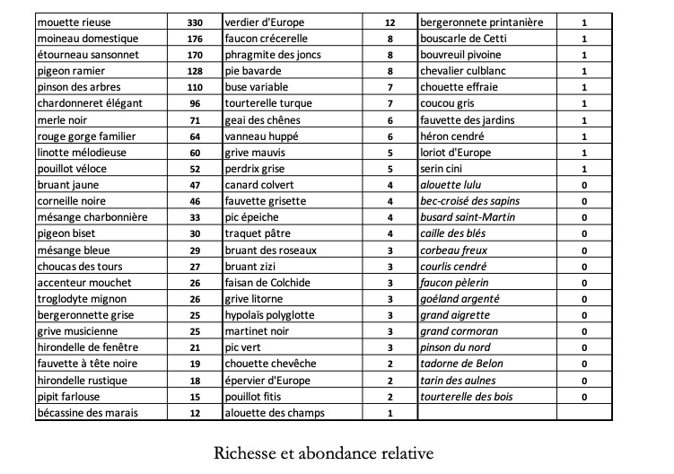 tableau de synthèse des observations ornithologiques