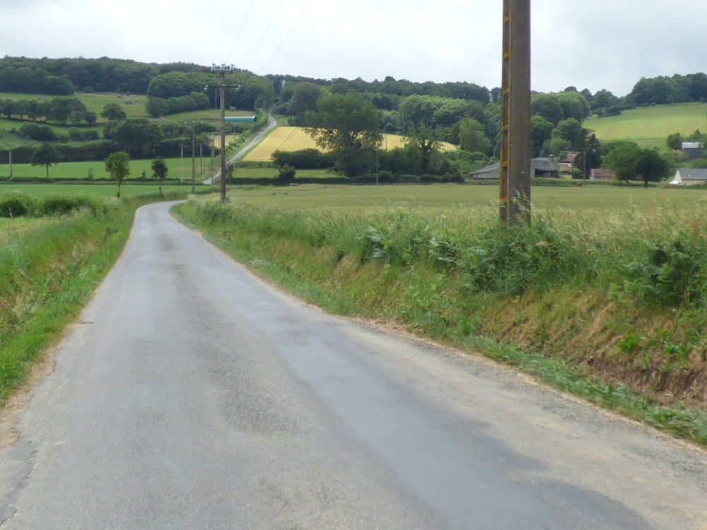 E.JPG (333.7 Kio) Vu 3349 fois Sur la photo, la parcelle claire porte des céréales. pente moyenne : 14%; avec des secteurs à 28%... Et il pleut "assez fréquemment" au Petit-Celland comme partout dans le Sud Manche...