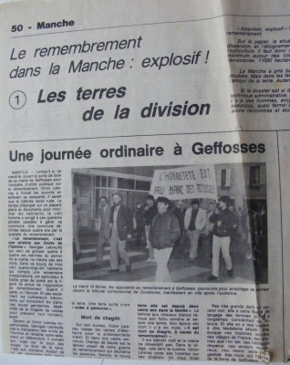 Une manifestation d'opposants au remembrement dans une commune du département de la Manche (Ouest-France, 7 avril 1988)