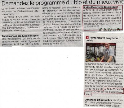 Annonce à deux reprises de l'animation proposée par le GONm dans le cadre du salon Bio de Pontorson. (Ouest-France, 21-22/11/2015)