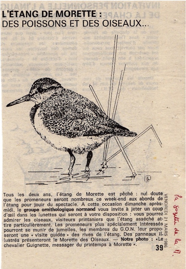La Gazette de la Manche , 21 mars 1986; annonce pêche et animation GONm. Dessin de Jean-François Launay.