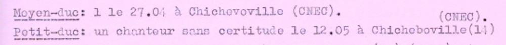 Des nocturnes à Chicheboville...<br />Bazin F. et Braillon B. (1970) - chronique ornithologique n°5: mars à août 1970. Le Cormoran, 1 (4) : 127