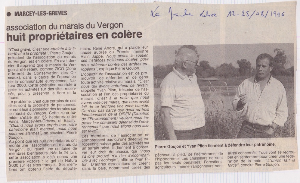 La Manche libre, édition du 12 août 1996<br />Le marais du Vergon sur la commune de Marcey-les-Grêves est un des marais périphériques côtiers de la baie du Mont Saint Michel.