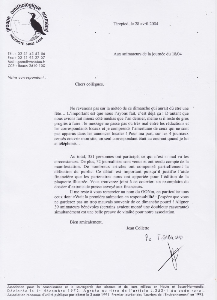 courrier adressé aux animateurs, 28 avril 2004.