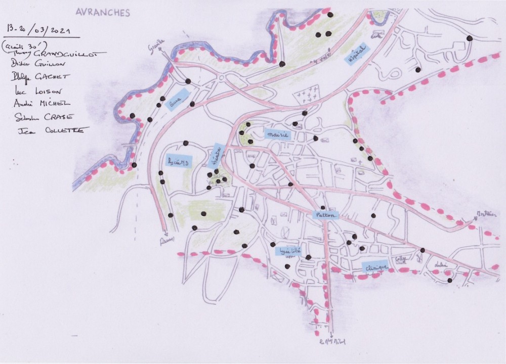 La commune a été couverte de circuits de 30 minutes répartis au hasard (volontairement sans concertation) par les 7 observateurs du GONm : Th. Grandguillot, L. Loison, D. Guillon, Ph. Gachet, S. Crase, A. Michel et J. Collette. La seule règle était de choisir un éventail de milieux variés, sachant cependant que le centre ville très dense (et jardins inaccessibles) a été logiquement sous représenté.