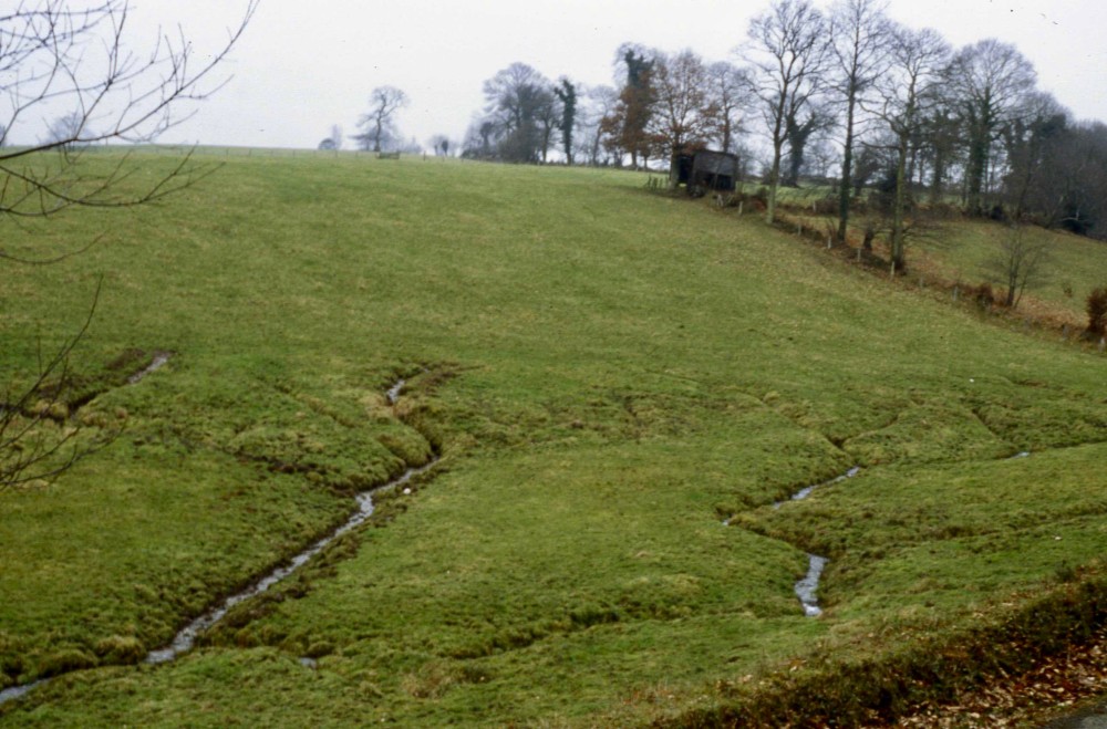 Le réseau des fossés entretenus manuellement était reconnaissable à son tracé &quot;naturel&quot; : la paysan s'appuyait sur le circuit de l'eau dans le sol. Localement, ces fossés artificiels nommés &quot;ruisseaux&quot; ont pu poser des problèmes administratifs vu la distance réglementaire de construction d'un bâtiment agricole ou d'une fosse à lisier à respecter. Depuis, la difficulté a été détournée : &quot;certaines&quot; instances agricoles ont réussi à obliger l'IGN a gommer les ruisseaux des têtes de bassins des cartes topographiques... Plus de ruisseaux en pointillés!<br />Photo Reffuveille/Bois Ambroise. Années 1990