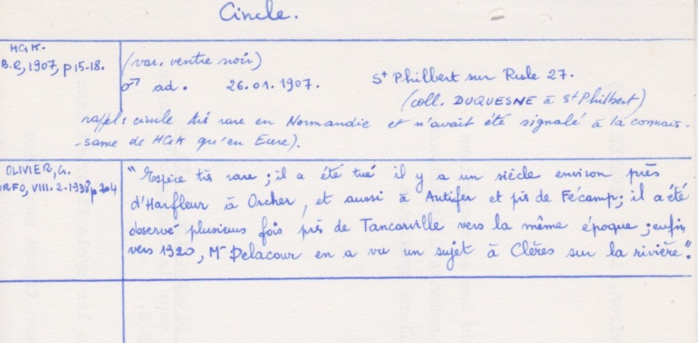 Données extraites d'une base personnelle.<br />HGK : Henry Gadeau de Kerville, citation dans le Bulletin de la Société des Amis des Sciences Naturelles de Rouen.<br />Olivier G. , publié dans la revue L'Oiseau et la Revue française d'ornithologie