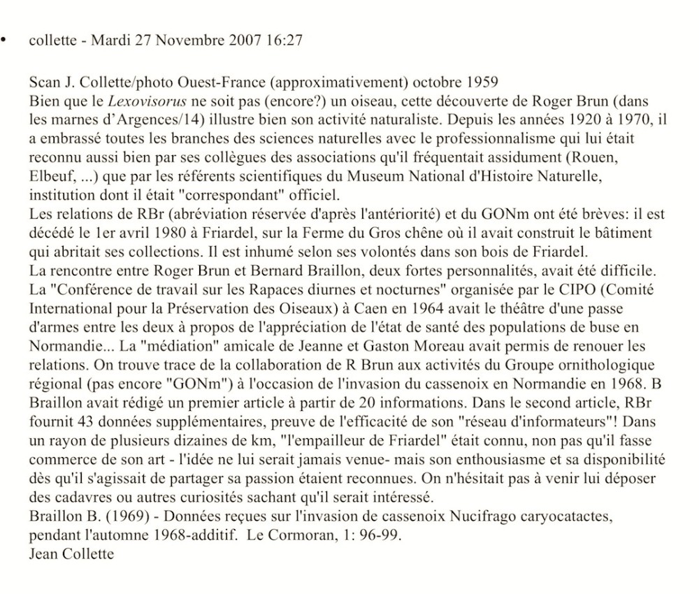 commentaire extrait du site archives. L'orthographe correcte du nom du fossile s'écrit bien &quot;au&quot; et non &quot;o&quot;.  La dénomination exacte de ce stégosaure a été discutée depuis. <br /> Une correction a été apportée  dans le commentaire : le fossile dont il est question n'a pas été extrait des sables de Glos mais des marnes d'Argences. R. Brun avait des contacts avec les ouvriers de la carrière. Il a toujours regretté la mécanisation ultérieure qui rendit la découverte de fossiles impossible.