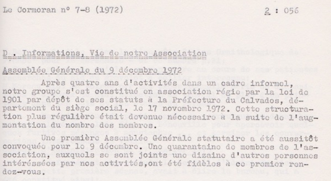 Extrait de la revue Le Cormoran annonçant la création du GONm. Le &quot;m&quot; ajouté à GON est celui du mot &quot;normand&quot; pour nous différencier du GON (Groupe ornithologique Nord) qui avait déposé ses statuts un peu avant nous.