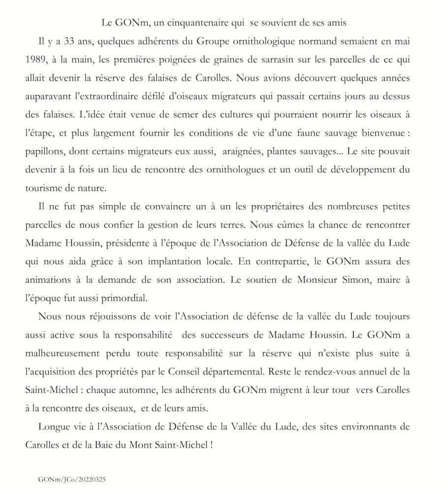 Le communiqué transmis à la presse locale pour expliquer la démarche du GONm à l'occasion de son cinquantenaire.