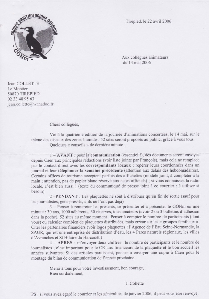 Courrier aux animateurs (22 avril 2006)