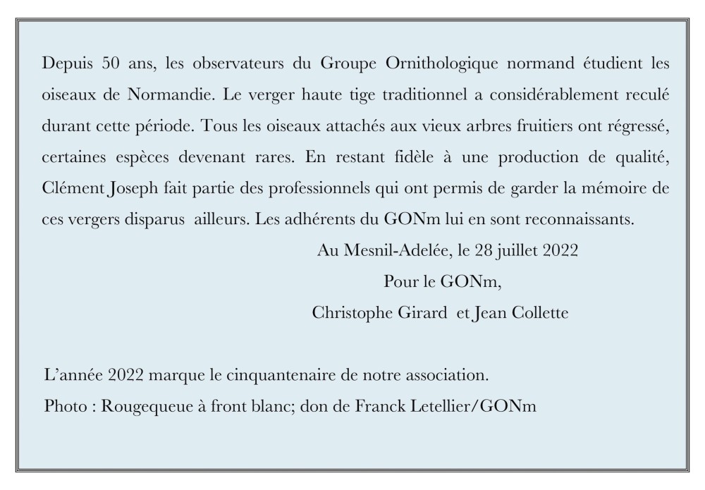 Dédicace au dos de la photo, signée de Christophe Girard et Jean Collette. Que Jacques Rivière veuille bien excuser l'erreur : il est l'auteur de la photo de rougequeue attribuée à Franck...