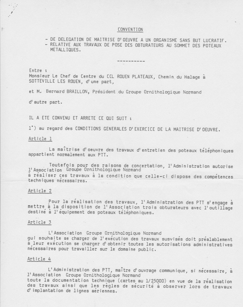 Convention signée par B Braillon au nom du GONm (mai 1986)