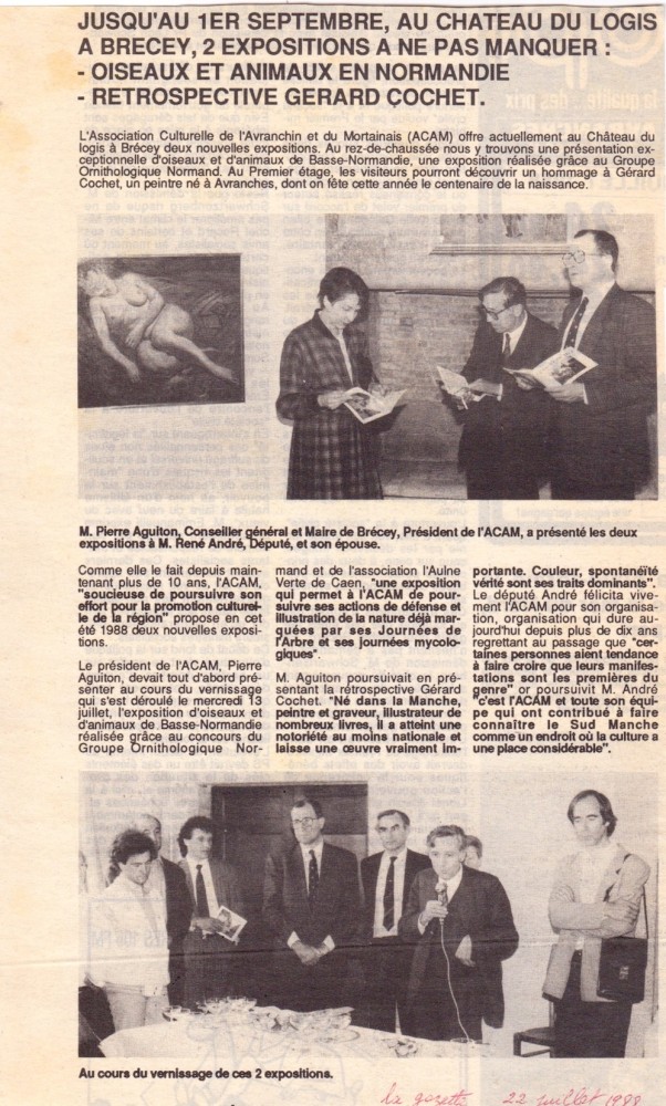 Article publié dans la Gazette de la Manche <br />22 juillet 1988. Pierre Aguiton au micro. Photo du haut : à droite, René André, député maire d'Avranches, qui vendit les prés de l'hôpital à la Fondation Habitat (= les chasseurs) malgré la procédure de gestion collaborative en cours (dont le GONm était partenaire).<br />A gauche sur la photo du bas, Jean-Pierre Renault, taxidermiste, meilleur ouvrier de France.